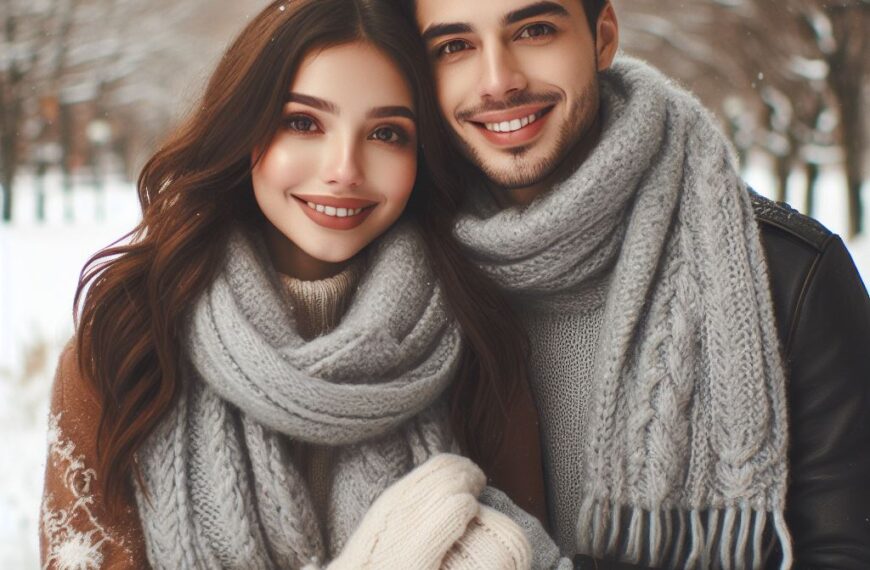 coppia di innamorati che indossano una sciarpa di lana